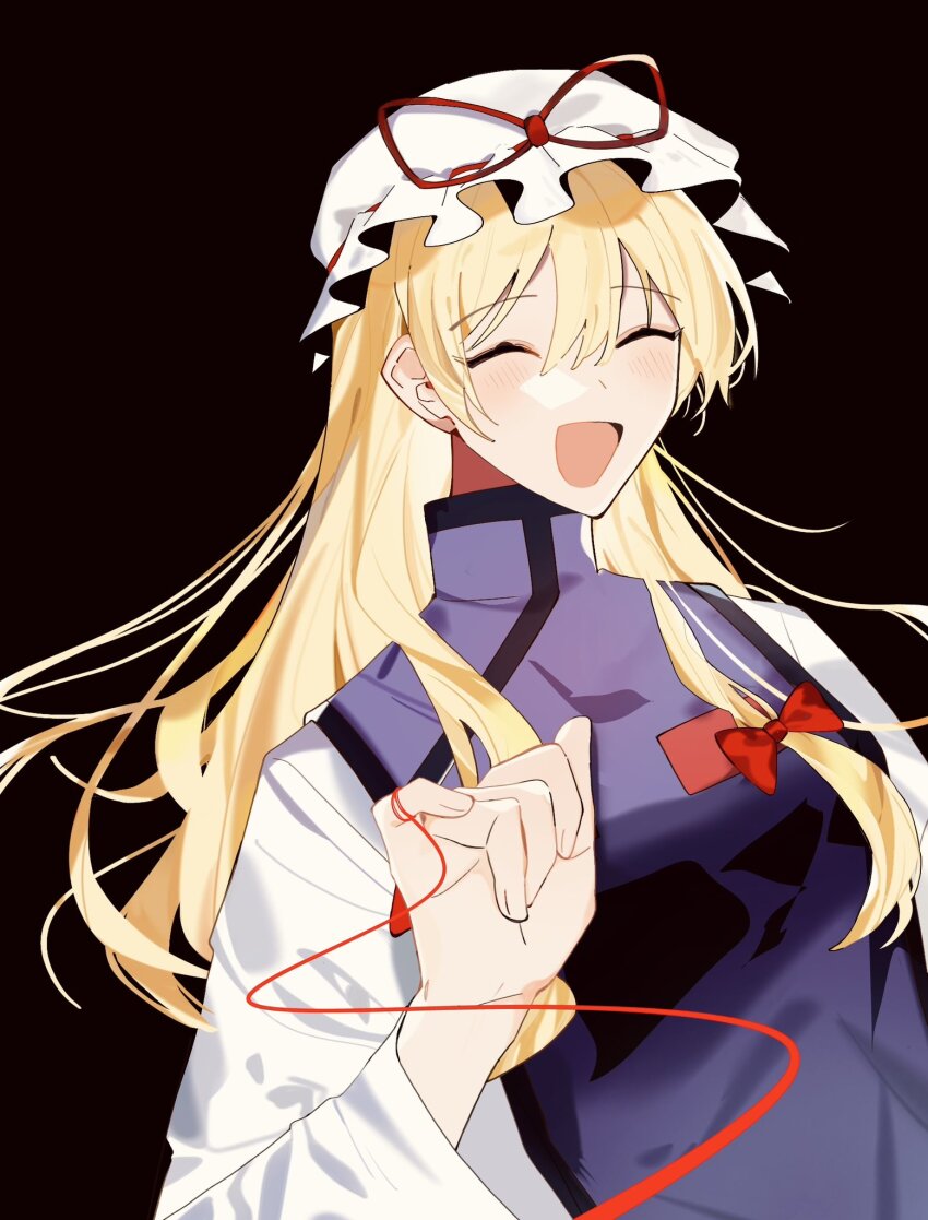 1girl black_background blonde_hair blush bow breasts closed_eyes commentary_request dress facing_viewer gawa_(floor_ok_) hair_bow hat hat_ribbon highres long_hair long_sleeves medium_breasts mob_cap open_mouth purple_tabard red_bow red_ribbon ribbon simple_background smile solo string string_of_fate tabard touhou white_dress wide_sleeves yakumo_yukari