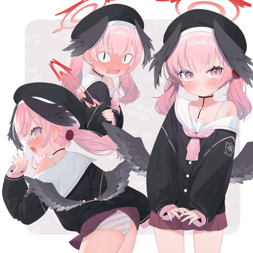 <|>_<|> 1girl ass beret black_hat black_wings blue_archive blush book feathered_wings halo hat head_wings heart highres holding holding_book koharu_(blue_archive) leaning_forward long_sleeves looking_at_viewer low_twintails low_wings miniskirt multiple_views neckerchief off_shoulder open_mouth panties pink_eyes pink_hair pink_neckerchief sailor_collar school_uniform simple_background skirt sleeves_past_wrists striped_clothes striped_panties tofu1601 twintails underwear winged_hat wings