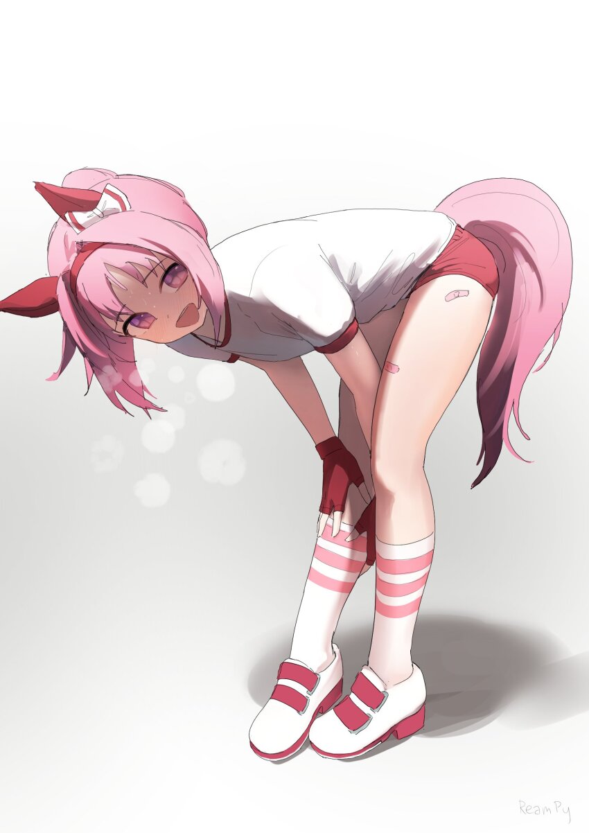 1girl animal_ears bandaid_on_thigh bent_over blush bow buruma commentary english_commentary fingerless_gloves flower-shaped_pupils gloves gradient_background gym_uniform hair_bow hairband haru_urara_(umamusume) highres horse_ears horse_girl horse_tail kneehighs looking_at_viewer pink_eyes pink_hair preamy_kyuushi red_buruma red_gloves shirt socks solo steam sweat symbol-shaped_pupils tail umamusume white_shirt