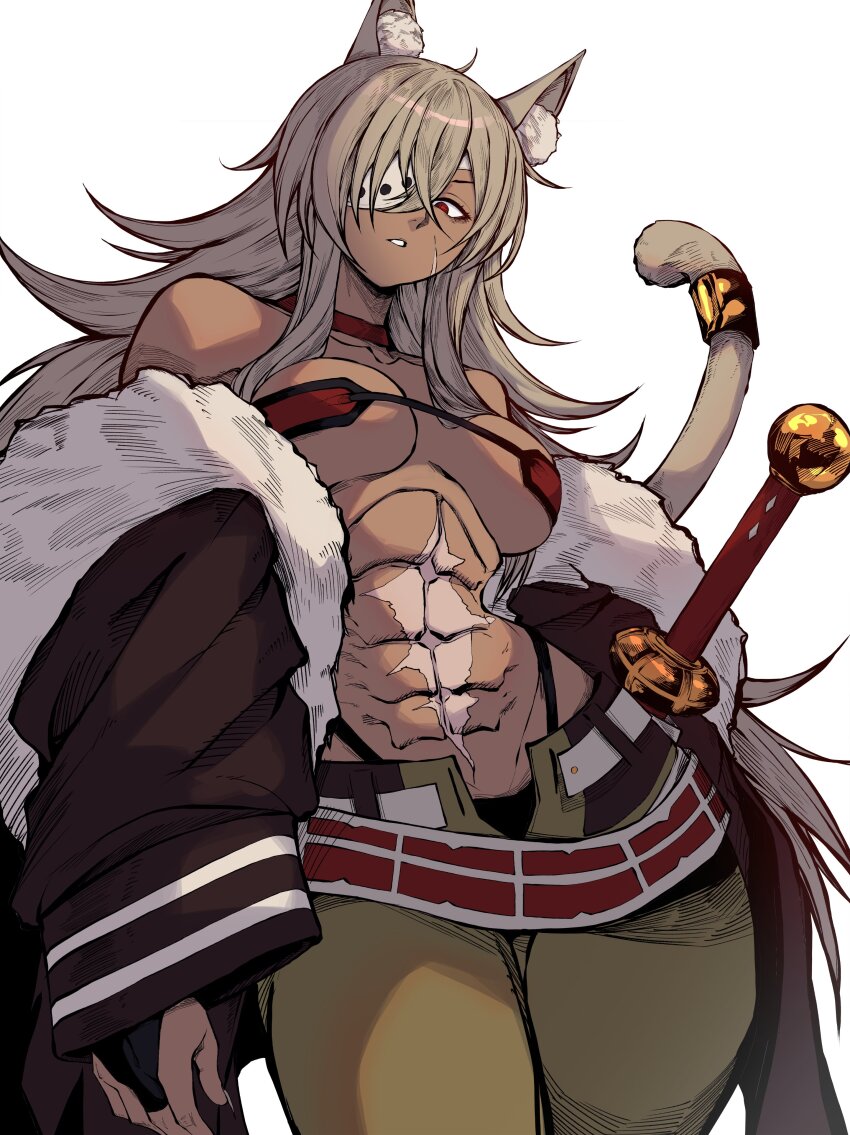 1girl abs absurdres ahoge animal_ears bandeau bare_shoulders belt black_gloves black_jacket black_panties breasts cat_ears cat_girl cat_tail choker collarbone commentary crossed_bangs dark-skinned_female dark_skin english_commentary facial_scar fingerless_gloves fur-trimmed_jacket fur_trim ghislaine_dedoldia gloves green_pants grey_hair hair_between_eyes highleg highleg_panties highres jacket jesse_schickler large_breasts long_hair looking_at_viewer muscular muscular_female mushoku_tensei navel off_shoulder open_fly panties pants parted_lips red_bandeau red_choker red_eyes scar scar_on_cheek scar_on_face scar_on_stomach sheath sheathed solo stomach sword tail tail_ornament tail_ring underwear very_long_hair weapon