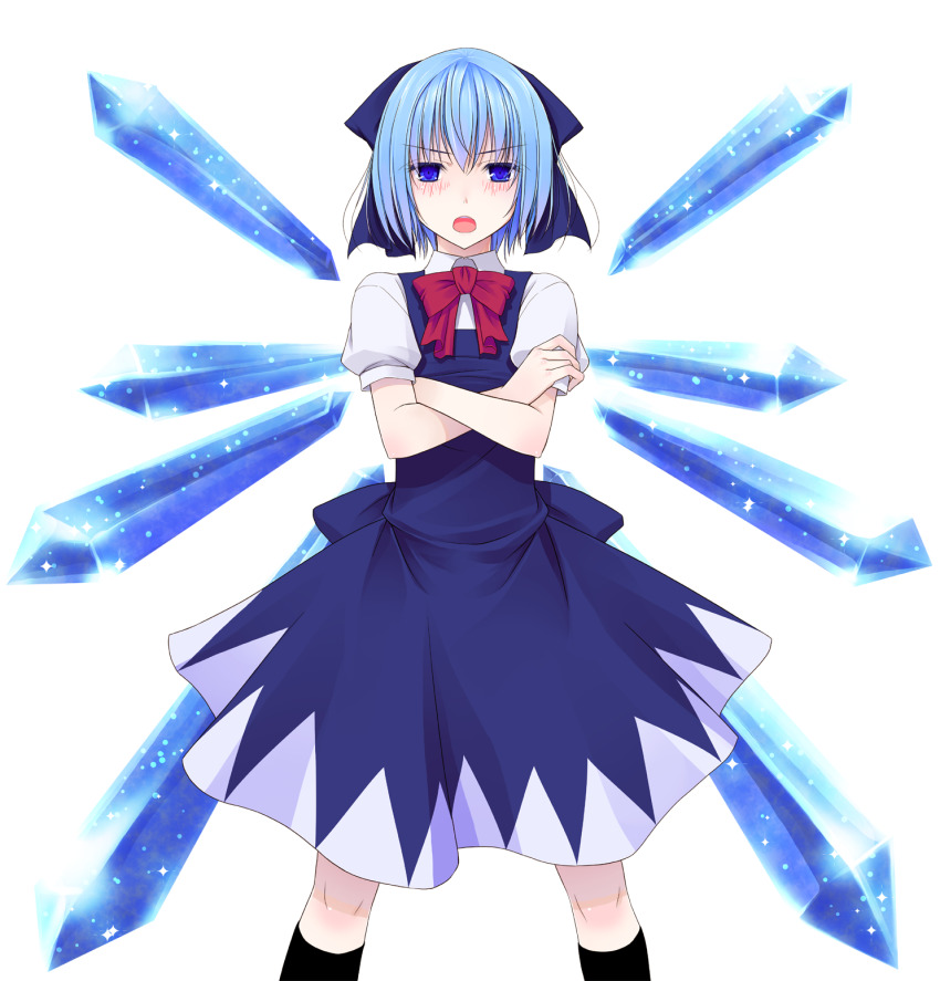 1girl black_socks blue_dress blue_eyes blue_hair blush bow bowtie cirno collared_shirt commentary_request crossed_arms crote dress feet_out_of_frame hair_bow hair_ornament half-closed_eyes highres ice ice_wings large_variant_set legs_apart looking_at_viewer open_mouth pinafore_dress puffy_short_sleeves puffy_sleeves red_bow red_bowtie shirt short_hair short_sleeves skirt skirt_set sleeve_cuffs sleeveless sleeveless_dress socks solo tachi-e teeth touhou transparent_background upper_teeth_only v-shaped_eyebrows variant_set white_shirt wings