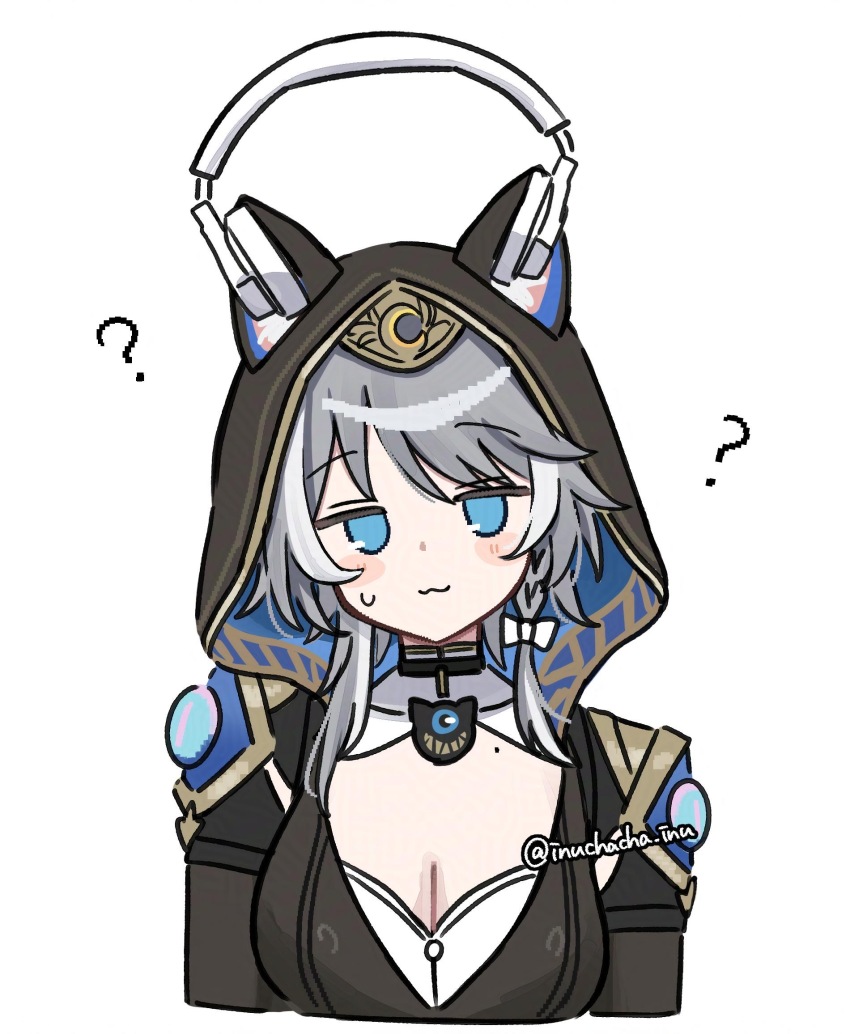 1girl :3 ? animal_ears animal_hood blue_eyes bow braid breasts cat_ears cat_girl choker cipher_(honkai:_star_rail) cleavage coin commentary_request grey_hair hair_bow haruo_(haruooimo) head_tilt headphones highres honkai:_star_rail honkai_(series) hood leotard medium_breasts mole upper_body white_background white_streaks