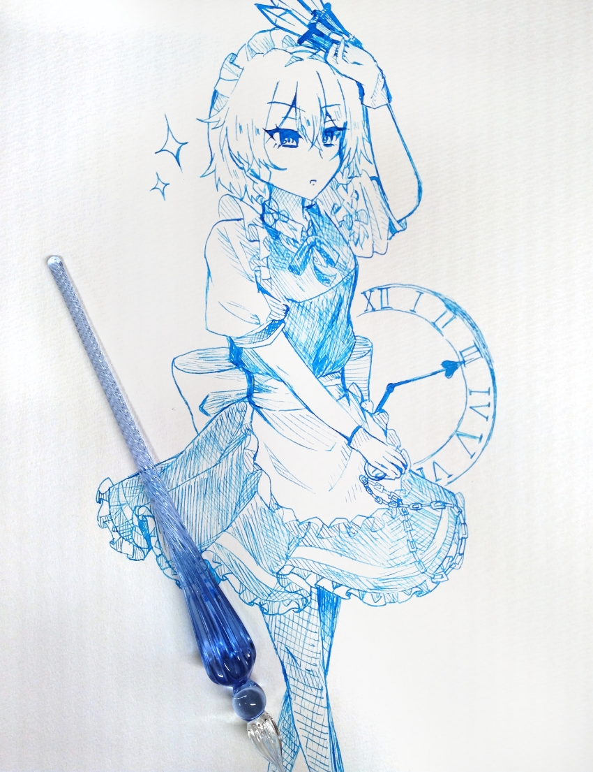 1girl absurdres apron blue_dress blue_vest bow braid clock closed_mouth collared_vest commentary dress fishnets frilled_apron frilled_dress frilled_vest frills glass_pen hair_bow highres holding holding_knife holding_pocket_watch izayoi_sakuya knife maid maid_headdress medium_hair pocket_watch shirt short_sleeves solo sparkle standing touhou traditional_media twin_braids user_ycnn5725 vest waist_apron watch white_apron white_hair white_headdress white_shirt