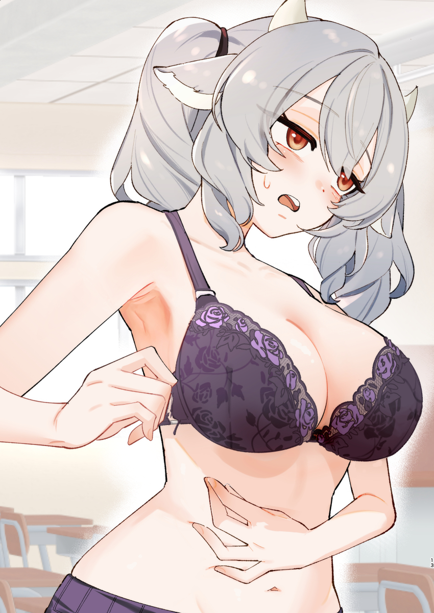 1girl absurdres alternate_costume animal_ears blush bra breasts chair classroom cleavage commentary_request cow_ears cow_girl cow_horns desk grey_hair hair_between_eyes highres horns indoors lace lace-trimmed_bra lace_bra lace_trim large_breasts long_hair medium_hair milltina_(vrchat) navel no_shirt open_mouth parted_lips pleated_skirt purple_bra purple_skirt r18_9019 school_chair school_desk school_uniform skirt solo stomach sweat sweatdrop teeth textless_version twintails underwear upper_body upper_teeth_only vrchat white_horns window