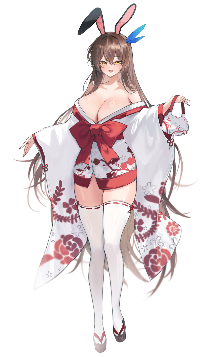 1girl absurdres animal_ears bag blue_feathers breasts brown_hair cleavage commentary commission crossed_bangs fake_animal_ears feather_hair_ornament feathers floral_print gurami_(zangizarang) hair_between_eyes hair_ornament highres holding holding_bag huge_breasts japanese_clothes kimono long_hair looking_at_viewer obi okobo original platform_sandals rabbit_ears ribbon-trimmed_thighhighs ribbon_trim sandals sash shiny_skin simple_background thighhighs very_long_hair white_background white_kimono white_thighhighs yellow_eyes zettai_ryouiki