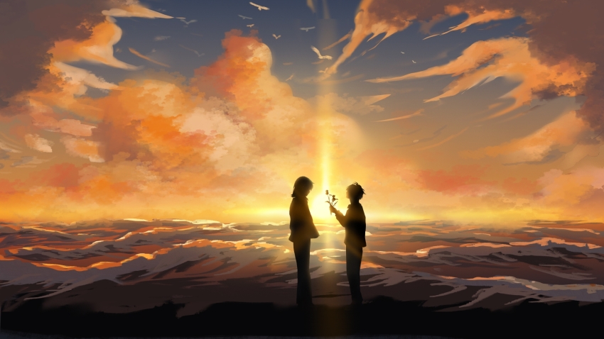 2boys akinashi_haru backlighting beach bird chinese_commentary cloud commentary_request flower from_side highres holding holding_flower male_focus multiple_boys ni-hao-ya ocean outdoors profile saihate_eki scenery silhouette sky tatsunami_shion wading water wide_shot