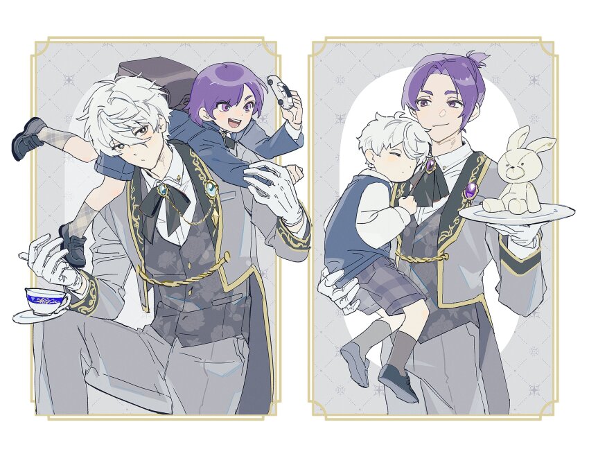 backpack bag ballro black_shoes blue_lock bow butler child cup grey_pants high_ponytail highres holding holding_plate mikage_reo nagi_seishirou pants patterned_clothing plate ponytail school_uniform shoes shorts socks stuffed_toy teacup vest white_background