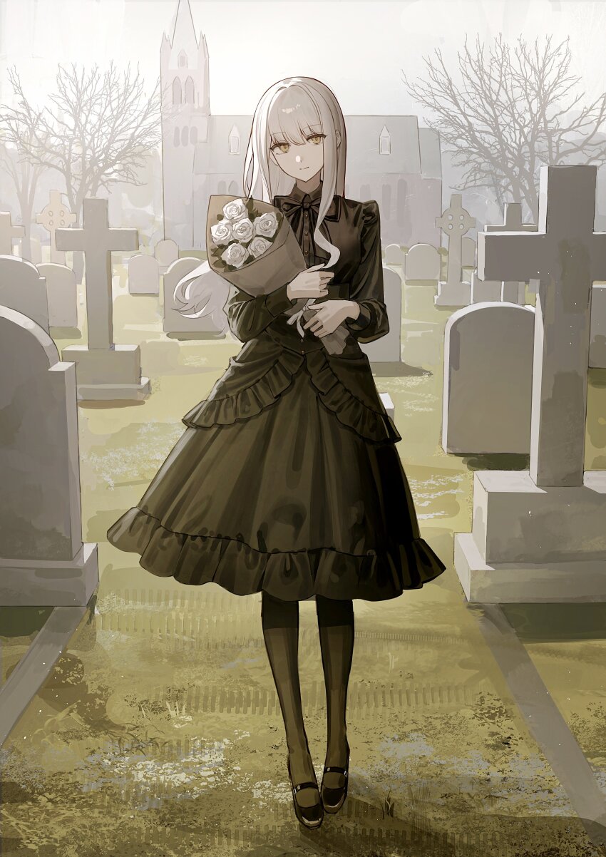 1girl absurdres bare_tree black_dress black_pantyhose black_shoes bouquet church cross dress flower frilled_dress frills full_body grave graveyard grey_sky highres holding holding_bouquet long_hair long_sleeves looking_at_viewer mary_janes original outdoors pale_skin pantyhose rose shoes sky standing straight-on tamitami tombstone tree white_flower white_hair white_rose yellow_eyes