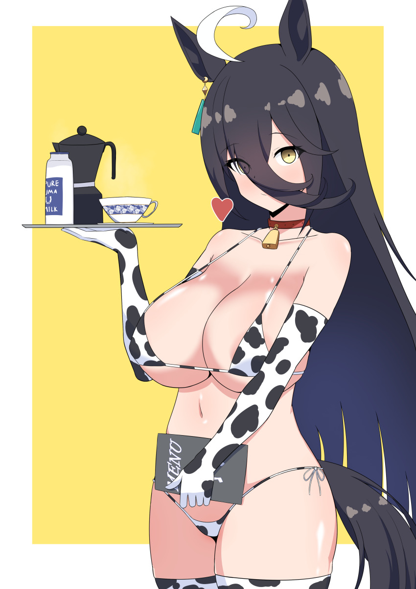 1girl :/ absurdres ahoge alternate_breast_size_(larger) animal_ears animal_print areola_slip bare_shoulders bell bikini black_hair bottle closed_mouth coffee_pot collar collarbone commentary cow_print cow_print_bikini cow_print_gloves cup dewanewbie ear_ornament ear_tag earrings elbow_gloves gloves hair_between_eyes heart highres holding holding_menu holding_plate horse_ears horse_girl horse_tail jewelry long_hair long_hair_between_eyes looking_at_viewer manhattan_cafe_(umamusume) menu milk multicolored_hair navel neck_bell plate print_bikini print_gloves red_collar single_earring solo swimsuit symbol-only_commentary tail umamusume variant_set very_long_hair white_hair