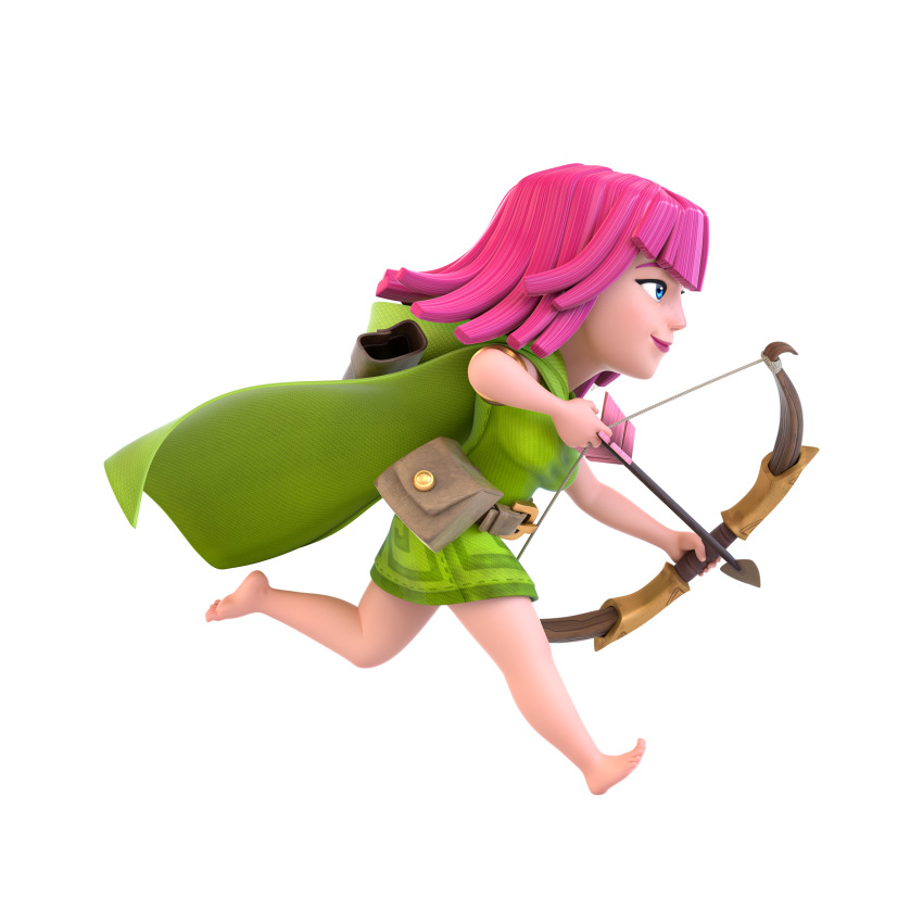 1girl 3d absurdres archer_(clash_of_clans) bow_(weapon) cape clash_of_clans dress from_side full_body green_cape green_dress highres holding holding_bow_(weapon) holding_weapon non-web_source official_art simple_background solo transparent_background weapon