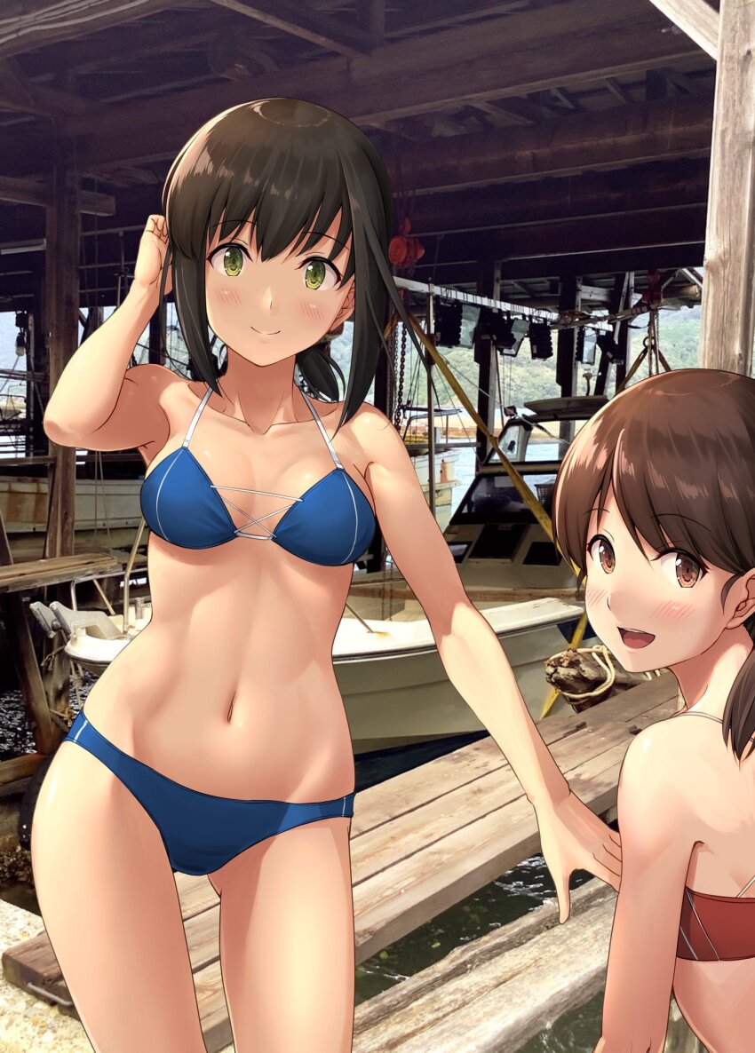 2girls :d bare_arms bare_legs bare_shoulders bikini blue_bikini blush breasts brown_eyes brown_hair closed_mouth collarbone commentary_request eighth_note fubuki_(kancolle) green_eyes groin hair_between_eyes highres ichikawa_feesu kantai_collection looking_at_viewer multiple_girls musical_note navel open_mouth photo_background ponytail red_bikini shirayuki_(kancolle) short_hair short_ponytail short_twintails small_breasts smile stomach swimsuit tan teeth textless_version twintails upper_teeth_only