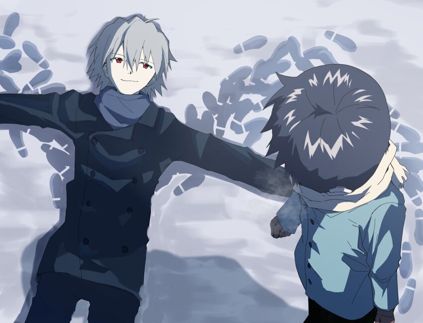 2boys closed_mouth commentary footprints grey_hair hair_between_eyes highres ikari_shinji looking_at_another lying male_focus multiple_boys nagisa_kaworu neon_genesis_evangelion on_back on_ground outstretched_arms pale_skin red_eyes scarf short_hair snow spread_arms standing symbol-only_commentary ume_beni_gin winter_clothes