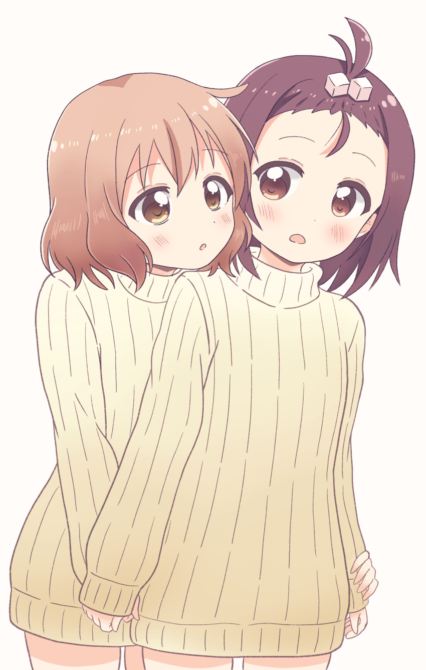 2girls :o behind_another blonde_hair blush brown_eyes brown_hair child commentary couple cowboy_shot cube_hair_ornament gradient_eyes hair_ornament highres holding_hands honzoumiz looking_at_another multicolored_eyes multiple_girls no_pants ogawa_kokoro oomuro-ke short_hair simple_background souma_mirai sweater tareme thigh_peek turtleneck turtleneck_sweater white_background yellow_eyes yellow_sweater yuri yuruyuri