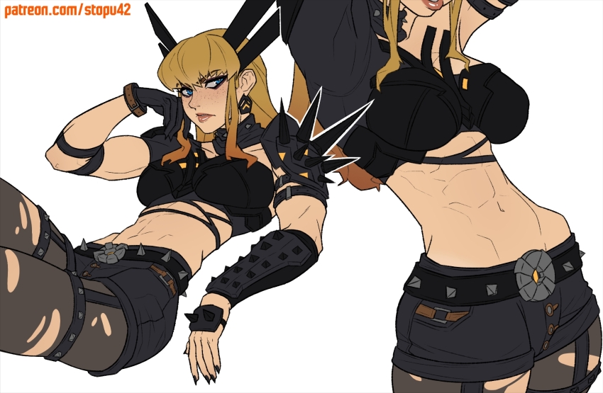 1girl abs arm_armor armor arms_up belt black_belt black_choker black_eyeliner black_gloves black_nails black_shirt black_shorts blonde_hair blue_eyes bracelet breasts choker collarbone cowboy_shot earrings eyeliner freckles gloves hair_ornament hand_on_own_cheek hand_on_own_face hand_up head_wings highres invisible_chair jewelry lips long_hair looking_at_viewer magik_(x-men) makeup marvel marvel_rivals medium_breasts midriff navel nose outline pantyhose parted_lips patreon_username shirt shorts shoulder_armor shoulder_belt sidelocks simple_background sitting spiked_armor spikes standing stopu thigh_strap toned toned_female torn_clothes torn_pantyhose white_background white_outline wings wrist_belt x-men