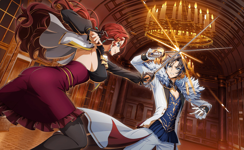 1boy 1girl artist_request black_hair blue_eyes breasts carly_disel code_geass code_geass:_lost_stories game_cg highres holding holding_sword holding_weapon large_breasts long_hair mario_disel mole mole_under_mouth non-web_source official_art red_hair short_hair sword weapon