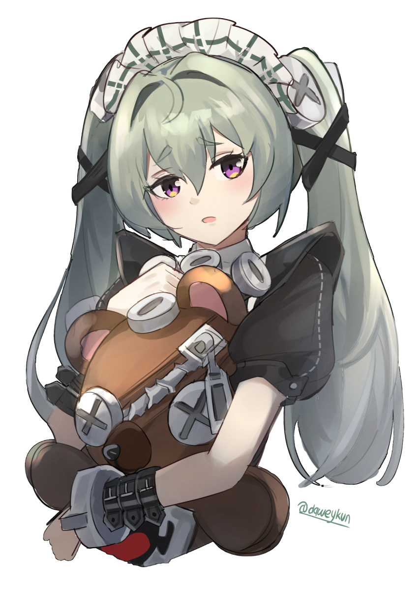 1girl commentary corin_wickes cuffs daweykun green_hair hair_between_eyes highres hugging_doll hugging_object long_hair looking_at_viewer maid maid_headdress open_mouth puffy_short_sleeves puffy_sleeves purple_eyes screw_hair_ornament short_sleeves simple_background solo stuffed_animal stuffed_toy teddy_bear twintails twitter_username white_background zenless_zone_zero