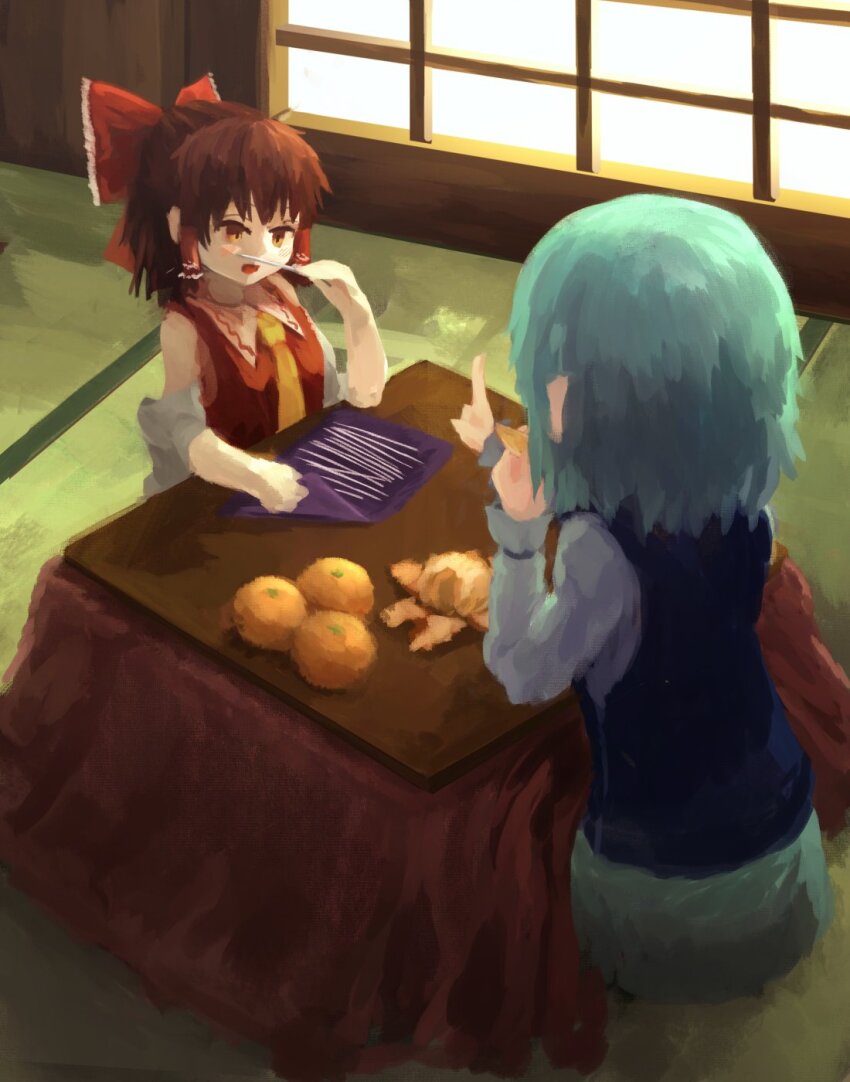 2girls ascot blue_skirt bow brown_eyes brown_hair commentary detached_sleeves facing_away food frilled_bow frilled_hair_tubes frills from_behind fruit garakuraku hair_bow hair_tubes hakurei_reimu highres holding holding_food holding_fruit kotatsu long_hair mandarin_orange multiple_girls needle red_bow shirt skirt table tatara_kogasa throwing_needles touhou under_kotatsu under_table white_shirt yellow_ascot