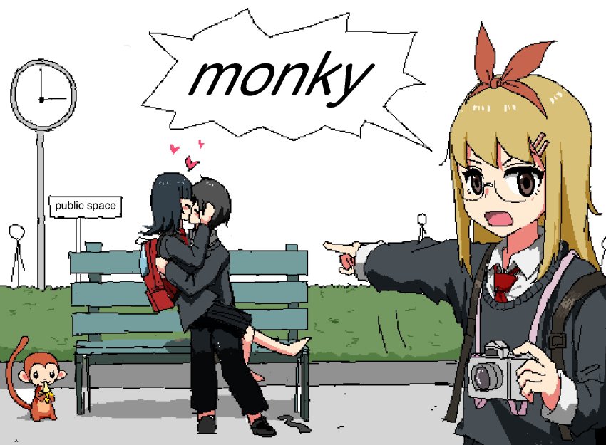 1boy 2girls aiu404l backpack bag banana bench black_eyes black_hair blonde_hair english_text food fruit glasses hairband heart hetero highres holding holding_food kiss long_hair long_sleeves monkey multiple_girls necktie oekaki open_mouth original pointing pointing_at_another red_necktie short_hair sitting speech_bubble