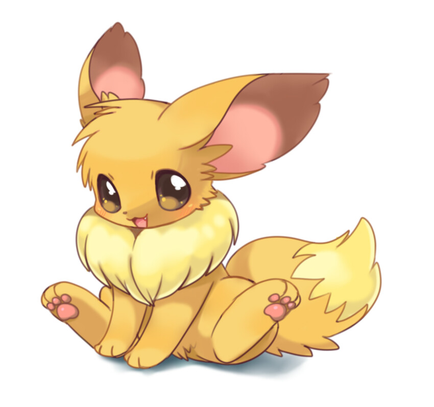 :3 :d animal_focus blush brown_eyes commentary eevee fang fluffy full_body gen_1_pokemon highres light_blush looking_at_viewer nintendo no_humans open_mouth pawpads pokemon pokemon_(creature) pokemon_focus simple_background sitting smile solo suppainu tachi-e white_background