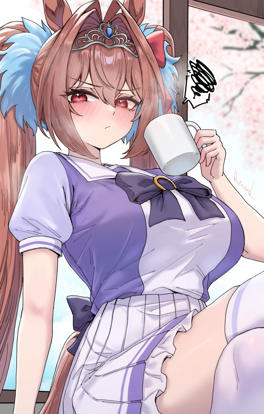 1girl absurdres animal_ears blush bow bowtie breasts brown_hair cherry_blossoms closed_mouth coffee_mug commentary_request crossed_legs cup daiwa_scarlet_(umamusume) hair_ornament highres holding holding_cup horse_ears horse_girl horseshoe_ornament large_breasts long_hair looking_at_viewer mug pleated_skirt puffy_short_sleeves puffy_sleeves purple_bow purple_bowtie purple_shirt red_eyes renard_(pixiv_13710050) sailor_collar school_uniform shirt short_sleeves sitting skindentation skirt solo spoken_squiggle squiggle thighhighs thighs tracen_school_uniform twintails umamusume v-shaped_eyebrows very_long_hair white_sailor_collar white_skirt white_thighhighs window