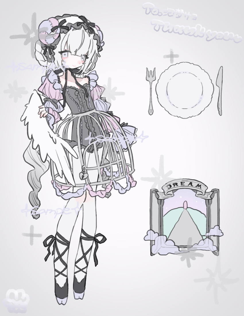 am314 bad_feet black_leotard black_ribbon black_shoes bun_cover cloud commentary_request commission crinoline detached_sleeves double_bun fork full_body gradient_hair grey_background grey_hair hair_bun heart-shaped_lock highres knife leg_ribbon leotard lock long_hair looking_at_viewer multicolored_hair original pink_sleeves plate purple_sleeves ribbon sample_watermark shoes simple_background skeb_commission smile two-tone_sleeves very_long_hair watermark white_eyes white_hair wings