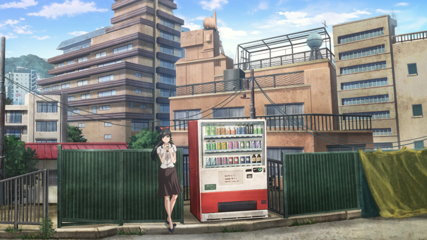 1girl artist_request black_hair black_shoes blue_sky bow brown_skirt building can cityscape closed_mouth cloud cloudy_sky commentary_request day green_eyes hair_bow high_ponytail highres holding holding_can kinme_wakana kirei_ni_shitemoraemasuka long_hair looking_ahead medium_skirt official_art outdoors pleated_skirt ponytail red_bow shirt shoes short_sleeves sidelocks skirt sky smile solo standing swept_bangs vending_machine white_shirt wide_shot