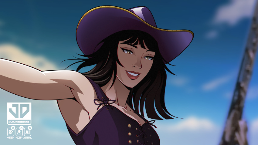 1girl 2026 absurdres bare_shoulders black_hair blue_sky blunt_bangs blurry blurry_background cloud cloudy_sky commentary cowboy_shot cross-laced_clothes cross-laced_top hat highres james_diato looking_ahead medium_hair mole nico_robin nico_robin_(whisky_peak) one_piece one_piece_(live_action) outdoors outstretched_arm parted_lips purple_hat purple_shirt red_lips shirt sky smile solo twitter_username upper_body yellow_eyes