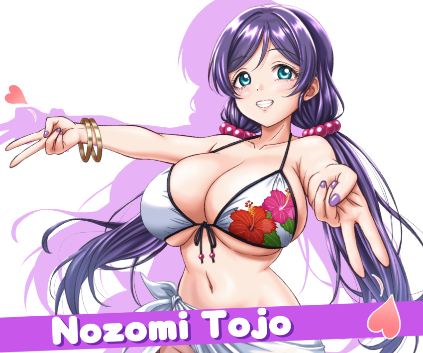 1girl bikini blowing_kiss breasts character_name collarbone double_v floral_print floral_print_bikini front-tie_bikini_top front-tie_top green_eyes hair_ornament heart highres large_breasts long_hair looking_at_viewer love_live! love_live!_school_idol_project low_twintails menchi_(pixiv) print_bikini purple_hair purple_nails scrunchie sideboob smile swimsuit tojo_nozomi twintails v white_bikini
