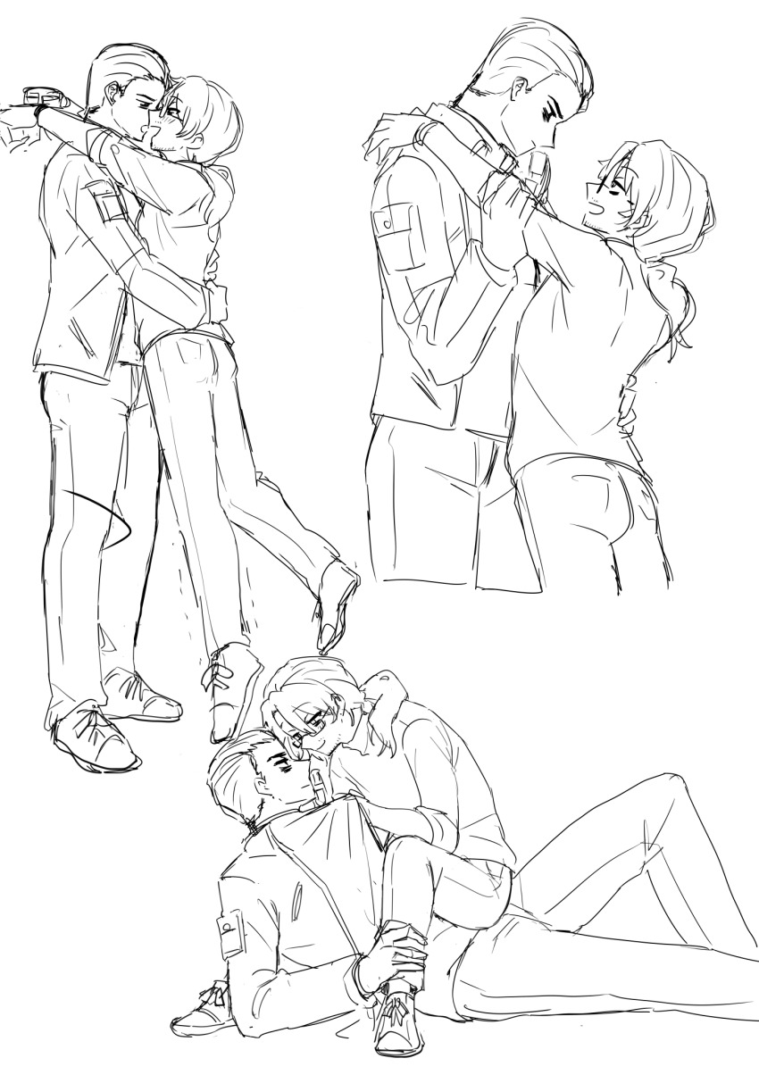 2boys amputee arm_pouch arms_around_waist arms_on_another's_shoulder ass bags_under_eyes beard_stubble black-framed_eyewear black-framed_glasses blush closed_mouth clothes_grab clothes_pull collared_jacket denim expressionless eye_contact facial_hair from_side full_body glasses gregor_(project_moon) greyscale hair_between_eyes hair_slicked_back half-closed_eyes hands_on_another's_back height_difference holding_another's_ankle hug imminent_kiss jacket jitome joints kikkoinu leaning_back leg_up light_blush limbus_company lineart long_hair long_sleeves looking_at_another looking_down looking_up low_ponytail lying male_focus mechanical_arms meursault_(project_moon) monochrome multiple_boys multiple_views on_back open_mouth pants parted_bangs photoshop_(medium) ponytail profile project_moon prosthesis prosthetic_arm pulling_another's_clothes sanpaku semi-rimless_eyewear shirt shoes short_hair simple_background single_mechanical_arm sitting sitting_on_person sketch sleeves_rolled_up smile sneakers standing standing_on_one_leg stubble sweater sweater_pull trembling turtleneck turtleneck_sweater under-rim_eyewear white_background yaoi