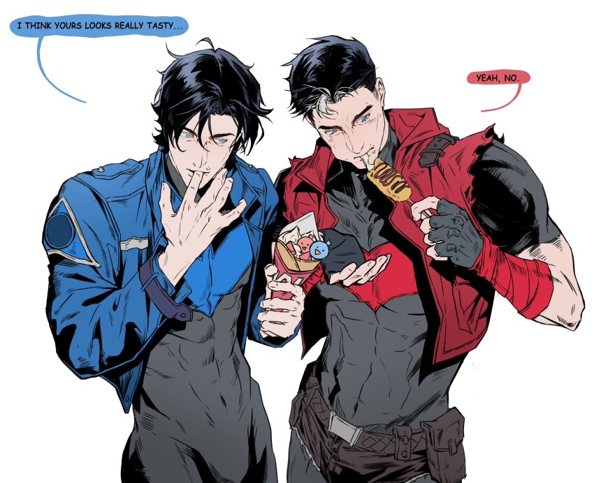 2boys arm_up belt belt_pouch black_belt black_gloves black_hair black_shirt blue_eyes blue_jacket bodysuit bulge chewing closed_mouth colored_speech_bubble commentary corn_dog covered_abs covered_navel cowboy_shot crepe cropped_jacket cs919 dc_comics dick_grayson eating english_text finger_in_own_mouth fingernails food food_on_face food_wrapper gloves grey_background groin hashtag-only_commentary highres holding holding_food jacket jason_todd long_sleeves looking_to_the_side male_focus multiple_boys nightwing open_clothes open_jacket pouch red_hood_(dc) red_jacket shirt short_hair sideways_glance simple_background speech_bubble torn_clothes torn_sleeves wrist_belt