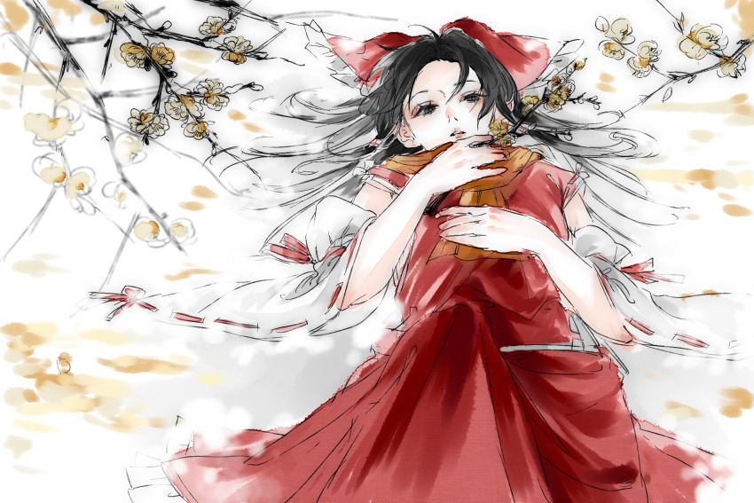 1girl aowu6109 black_eyes black_hair bow branch chinese_commentary commentary_request curtained_hair detached_sleeves flower frilled_bow frills from_above hair_bow hair_spread_out hakurei_reimu hand_on_own_chest hand_on_own_stomach highres holding holding_branch knee_up long_hair looking_at_viewer lying on_back on_ground orange_scarf parted_lips plum_blossoms red_bow red_skirt red_vest ribbon-trimmed_sleeves ribbon_trim scarf skirt snow solo touhou vest white_sleeves wide_sleeves