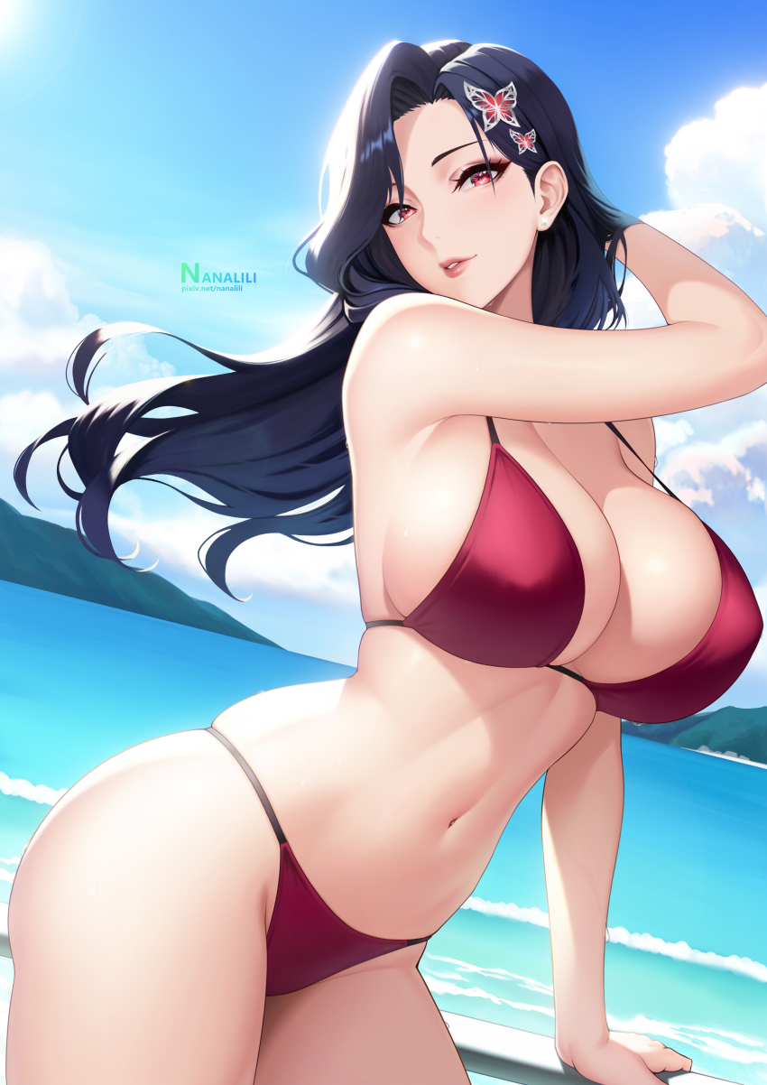 1girl absurdres artist_name bare_shoulders bikini black_hair blue_sky breasts cleavage cloud commentary_request covered_erect_nipples day dutch_angle hand_in_own_hair highres huge_breasts indie_virtual_youtuber lips long_hair looking_at_viewer mature_female mountain nanalili ocean outdoors parted_lips red_bikini red_eyes skindentation sky solo swimsuit virtual_youtuber water