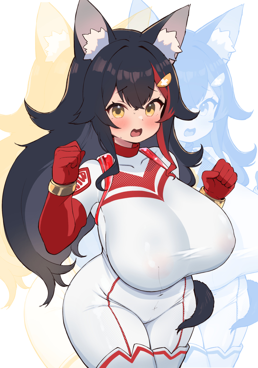 1girl absurdres alternate_breast_size_(larger) alternate_costume animal_ear_fluff animal_ears black_hair blush bodysuit breasts brown_eyes clenched_hands commentary_request cowboy_shot hair_ornament highres hololive huge_breasts kani_bonara large_breasts long_hair looking_at_viewer multicolored_hair ookami_mio open_mouth red_hair solo streaked_hair tail tail_around_own_leg virtual_youtuber white_bodysuit wolf_ears wolf_girl wolf_tail zoom_layer