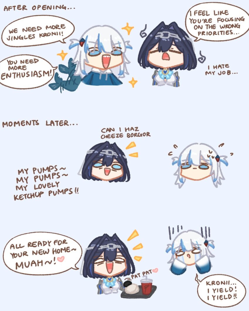 2girls blue_hair bow brooch burger commentary cup drinking_straw english_commentary english_text fins fish_tail food gawr_gura gawr_gura_(1st_costume) gloom_(expression) hair_intakes hair_ornament hairband highres hololive hololive_english jewelry medium_hair multicolored_hair multiple_girls open_mouth ouro_kronii ouro_kronii_(1st_costume) sappysque shark_hair_ornament shark_tail smile streaked_hair tail tail_wagging tears tray virtual_youtuber white_hair