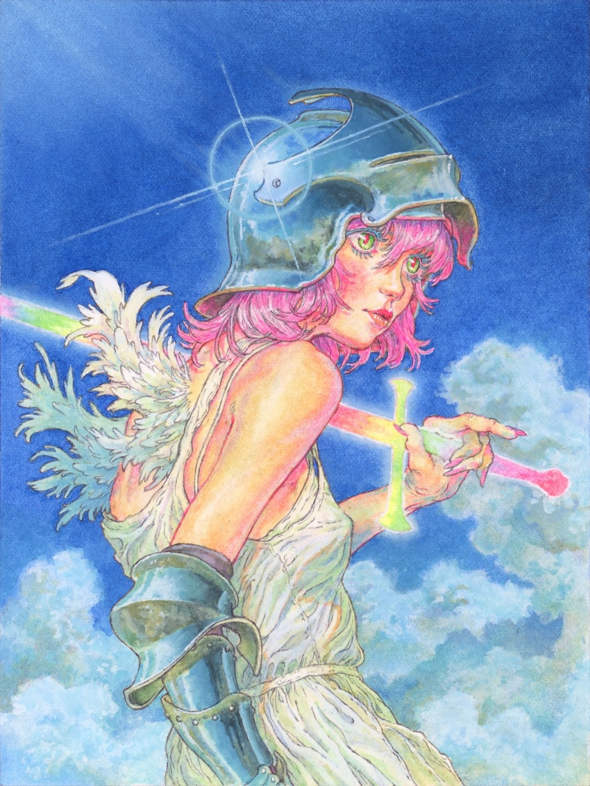 1girl angel_wings beachghost blue_background cloud dress energy_sword eyelashes fingernails gauntlets green_eyes helmet highres knight lips long_fingernails nose original pink_hair pink_nails reflection sky solo sword upper_body weapon white_dress wings