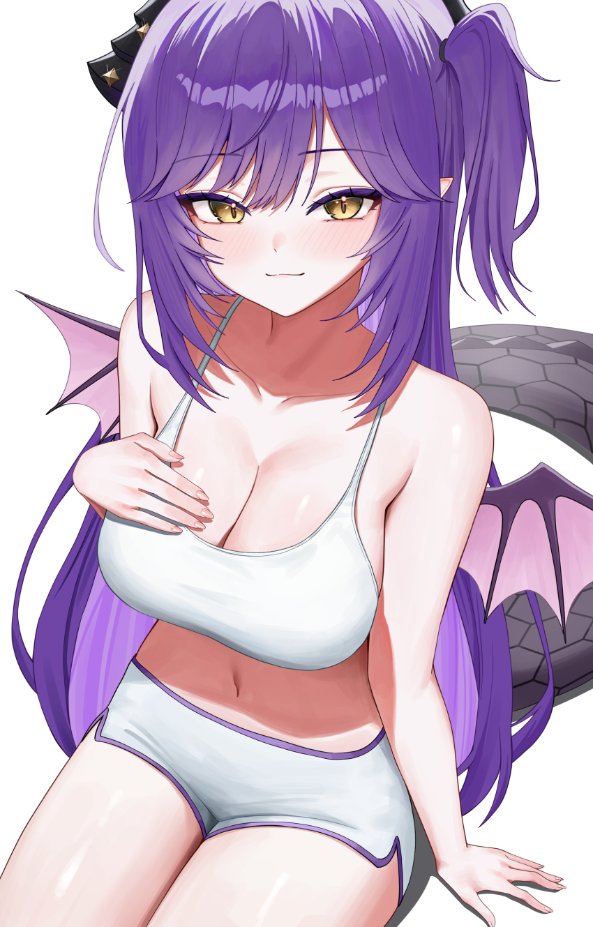 1girl absurdres bare_shoulders breasts camisole cleavage closed_mouth crop_top dolphin_shorts dragon_tail dragon_wings hand_on_own_chest hashtag-only_commentary highres large_breasts long_hair looking_at_viewer midriff navel one_side_up pointy_ears poppo_myupunk98 purple_hair sakihane_huya shirt short_shorts shorts simple_background sitting sleeveless sleeveless_shirt smile solo spaghetti_strap stellive stomach tail thighs very_long_hair virtual_youtuber white_background white_shirt white_shorts wings yellow_eyes