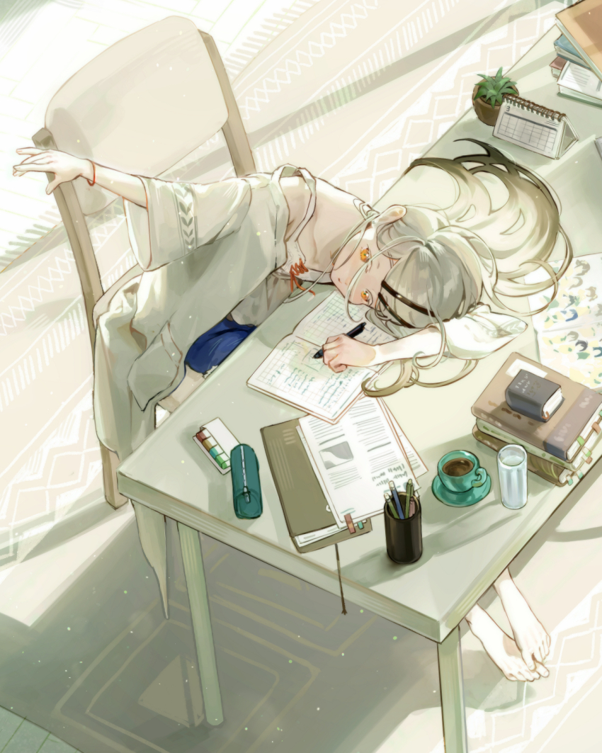 1girl arm_on_table arm_rest arm_up barefoot blonde_hair blue_shorts book book_stack breasts calendar_(object) camisole carpet chair colored_eyelashes commentary cup denim denim_shorts desk drinking_glass gakuen_idolmaster gradient_hair grey_hair grey_robe hair_ornament hair_spread_out hairclip head_on_table highres holding holding_pencil idolmaster indoors looking_up magazine_(object) multicolored_hair on_chair open_clothes open_magazine open_robe orange_eyes parallel_hairclips pencil pencil_case plant potted_plant rain_(regen) reaching robe saucer shinosawa_hiro shorts sitting small_breasts sunlight teacup white_camisole window_shadow wristband