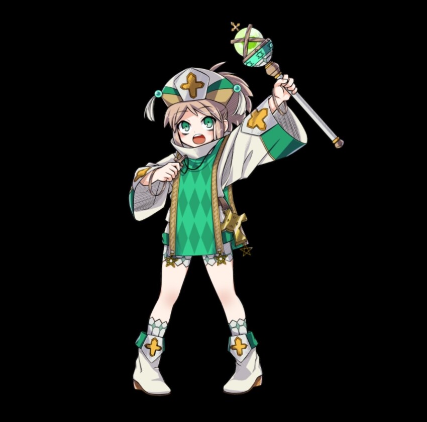 1girl arm_up black_background blush boots breasts brown_hair cross dress full_body green_eyes hat highres holding holding_rod holding_weapon long_sleeves looking_up marley_(merc_storia) merc_storia merc_storia_art_team official_art open_mouth outstretched_arm pantyhose ponytail rod short_dress sidelocks simple_background small_breasts solo standing tachi-e teeth upper_teeth_only weapon white_boots white_pantyhose wide_sleeves