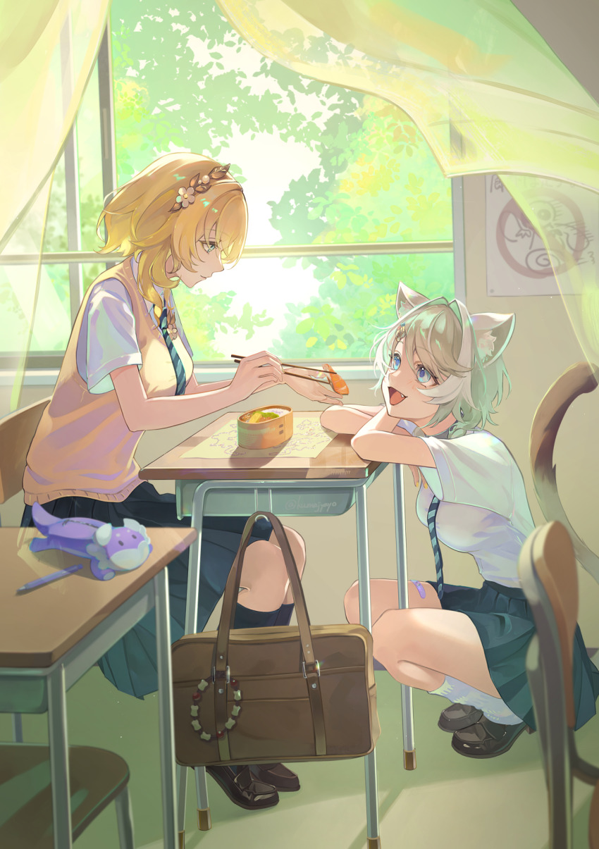 2girls aglaea_(honkai:_star_rail) animal_ear_fluff animal_ears arm_rest bag bandaid_on_thigh bento black_skirt black_socks blonde_hair blue_eyes breasts brown_bag brown_shoes brown_sweater_vest cat_ears cat_girl cat_tail chair chopsticks chrysos_heirs_school_uniform cipher_(honkai:_star_rail) classroom collared_shirt commentary_request couple desk dromas_(honkai:_star_rail) eye_contact feeding food full_body green_eyes grey_hair hair_ornament highres holding holding_chopsticks holding_food honkai:_star_rail honkai_(series) indoors kneehighs kumajyayo large_breasts looking_at_another medium_breasts multiple_girls necktie official_alternate_costume on_chair open_mouth pencil pencil_case pleated_skirt school_bag school_chair school_desk school_uniform shirt shoes short_hair short_sleeves sitting skirt socks squatting striped_necktie sushi sweater_vest tail white_shirt white_socks window yuri