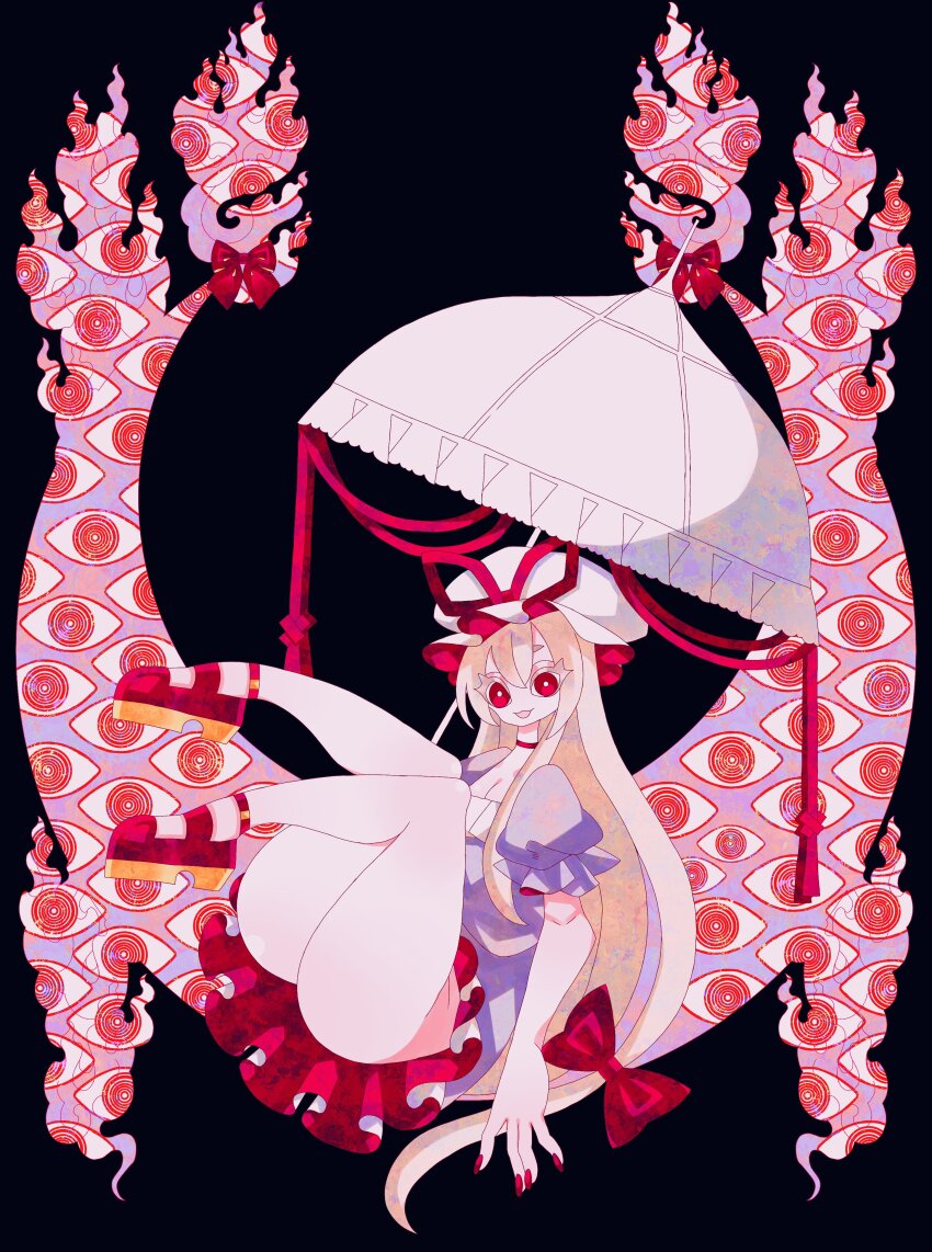 1girl :3 absurdres black_background blonde_hair boku_(isizakitakasi) bow choker colored_eyelashes commentary_request dress frilled_dress frills full_body gap_(touhou) hair_bow hat hat_ribbon highres legs_up long_hair mob_cap parasol puffy_short_sleeves puffy_sleeves purple_dress red_choker red_eyes red_nails red_shoes ribbon shoes short_sleeves solo thick_thighs thighs touhou umbrella whorled_flames yakumo_yukari