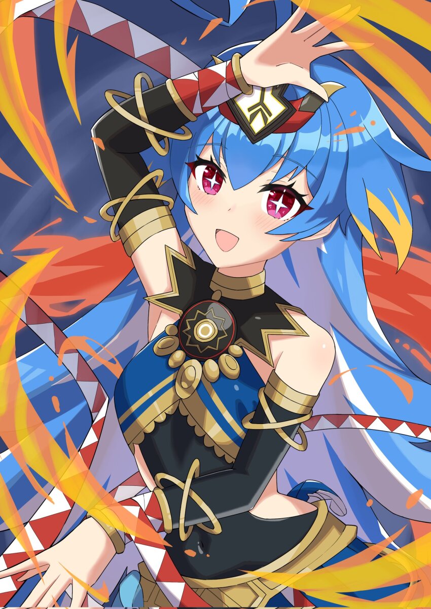 1girl ahoge black_leotard blonde_hair blue_hair bracelet commentary_request covered_navel cutie_lupia duel_masters duel_masters_play's gold_bracelet gold_trim hair_ornament highres jewelry leotard long_hair looking_at_viewer multicolored_hair open_mouth pink_eyes solo star-shaped_pupils star_(symbol) sukoyaka_xll symbol-shaped_pupils upper_body white_hair