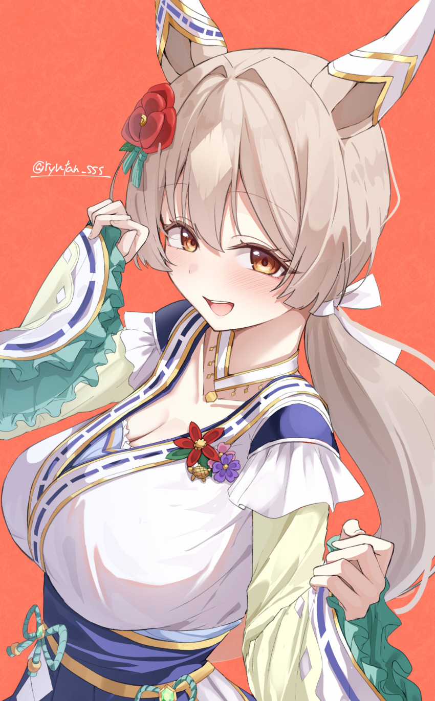 1girl animal_ears blue_hakama blush breasts brown_hair choker cleavage clothing_cutout collarbone commentary_request double-parted_bangs ear_covers flower hair_flower hair_ornament hakama hand_up highres hip_vent horse_ears horse_girl japanese_clothes kimono long_hair long_sleeves looking_at_viewer lryutanl medium_breasts official_alternate_hairstyle open_mouth orange_eyes petals red_background satono_diamond_(floral_star_prosperous_green)_(umamusume) satono_diamond_(umamusume) simple_background smile solo twitter_username umamusume upper_body white_kimono wide_sleeves