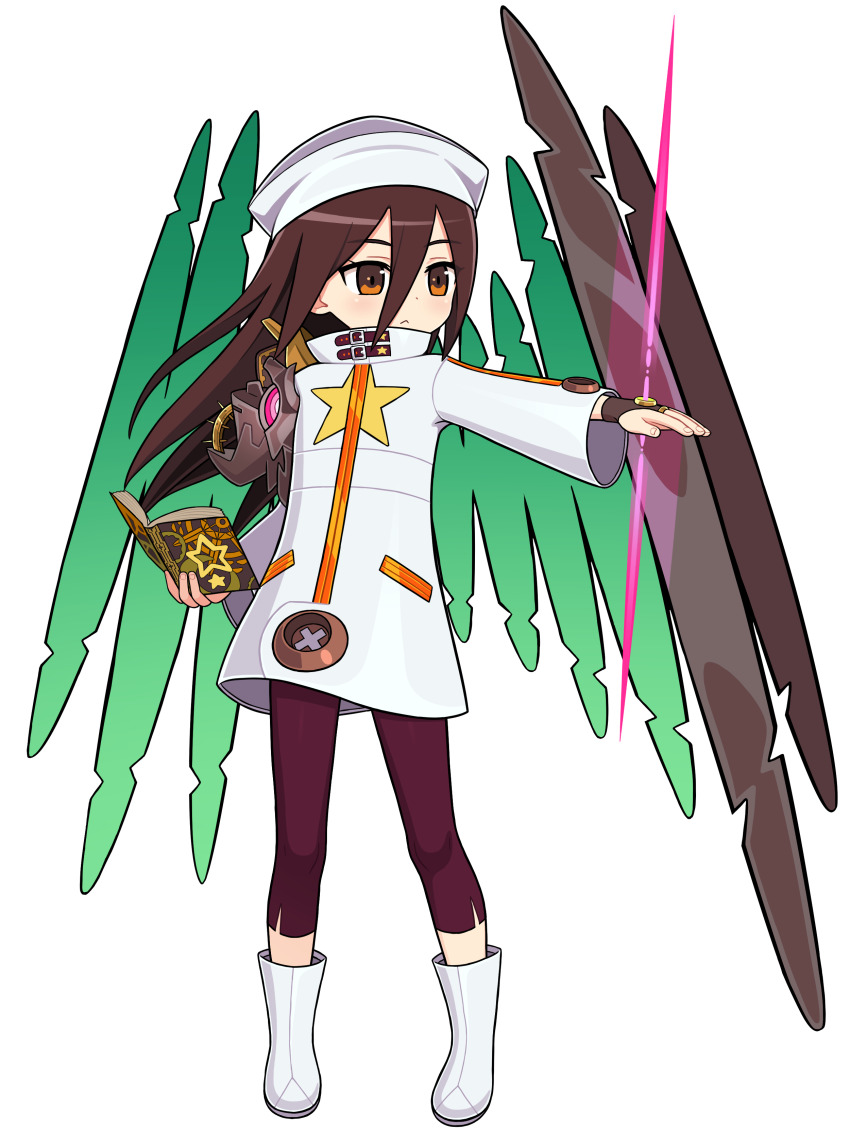 1girl ami_(ammy33) armor black_pants book boots brown_hair coat etrian_odyssey female_focus fingerless_gloves full_body gloves hat holding holding_book large_variant_set long_hair long_sleeves magic open_book open_mouth orange_eyes outstretched_arm pants sekaiju_no_meikyuu sekaiju_no_meikyuu_3 shoulder_armor solo standing star_(symbol) variant_set white_boots white_coat white_hat zodiac_(sekaiju) zodiac_2_(sekaiju)