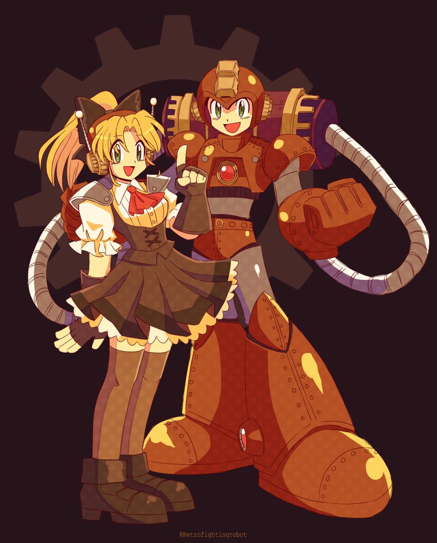 1boy 1girl absurdres black_dress black_gloves black_thighhighs blonde_hair brother_and_sister brown_armor brown_background brown_helmet chest_jewel clenched_hands commentary dress english_commentary fingerless_gloves full_body gears gloves green_eyes helmet high_ponytail highres mega_man_(character) mega_man_(classic) mega_man_(series) open_mouth ponytail retro_fighting_robot roll_(mega_man) siblings simple_background steampunk thighhighs