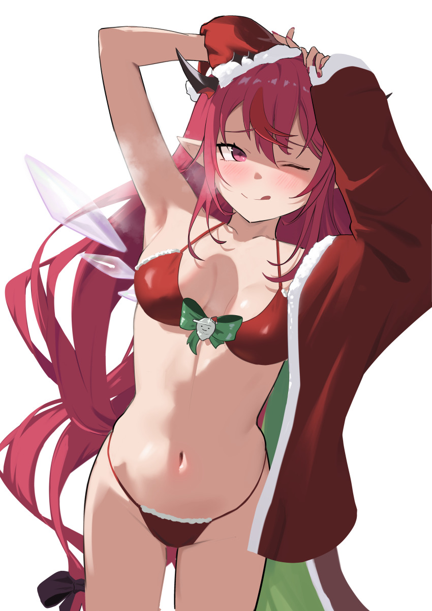1girl ;q absurdres armpits bikini blush breasts commentary english_commentary hat highres hololive hololive_english horns irys_(hololive) jacket jacket_partially_removed long_hair medium_breasts navel one_eye_closed pointy_ears red_eyes red_hair santa_bikini santa_costume santa_hat shift_(shiftillust) simple_background solo steaming_body stomach swimsuit tongue tongue_out virtual_youtuber white_background wings