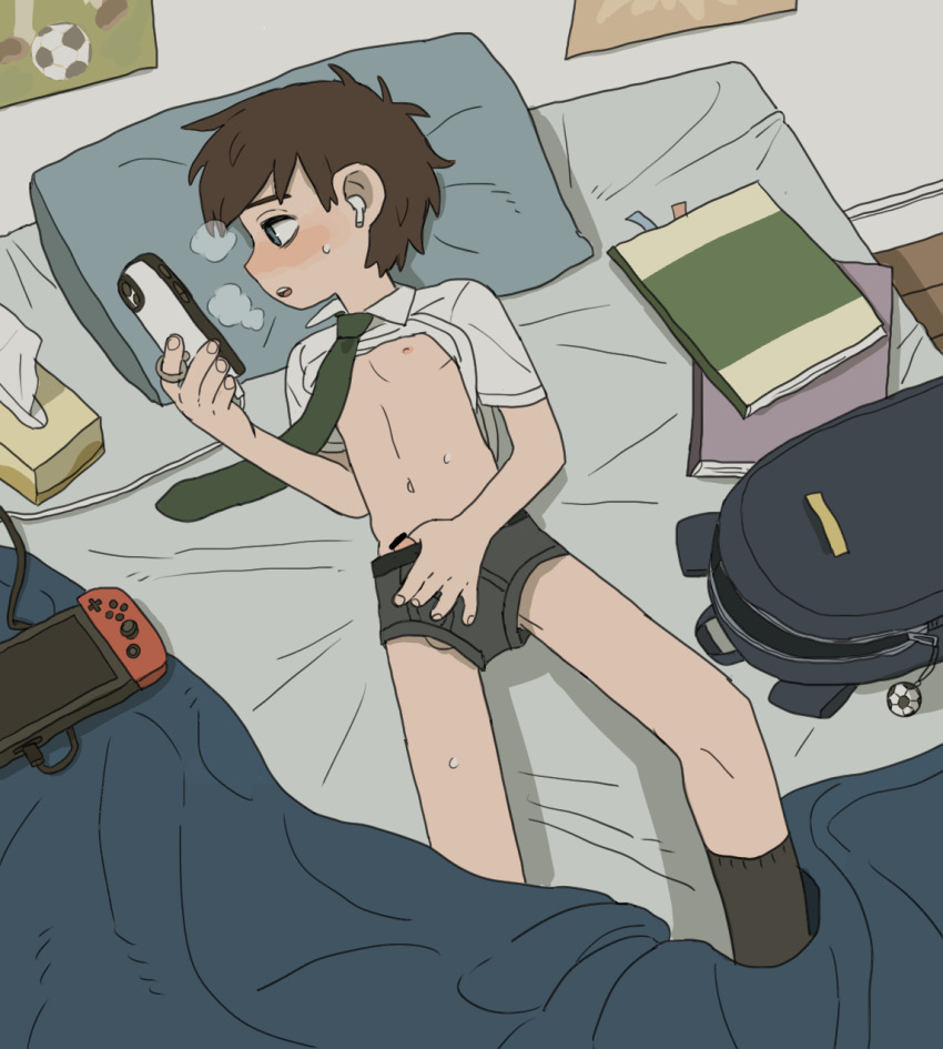 1boy aomuke brown_hair highres lying male_focus navel necktie nipples on_back original penis penis_peek phone profile short_hair shota solo underwear