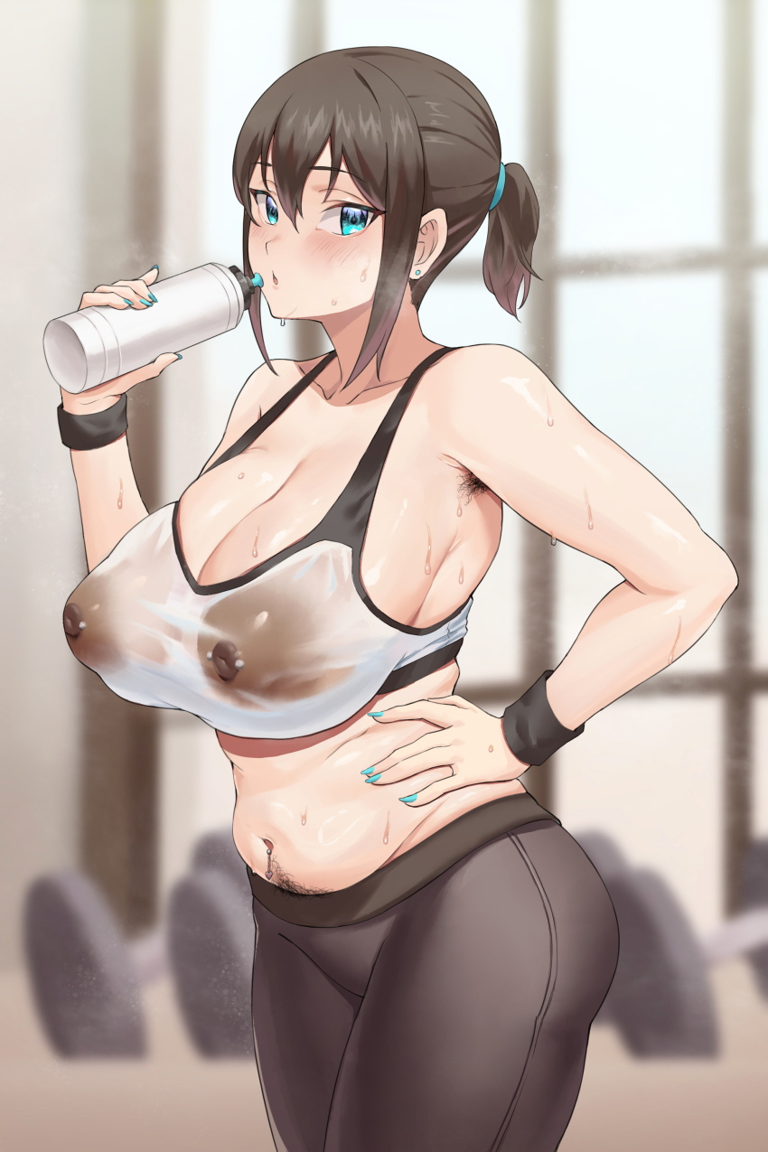 1girl absurdres armpit_hair barbell_piercing blue_eyes blue_nails blush bottle breasts brown_hair cleavage dark_nipples ear_piercing female_focus female_pubic_hair gym hand_on_own_stomach highres huge_breasts kai_jj large_breasts medium_hair nail_polish navel navel_piercing nipple_piercing nipples original pants piercing plump ponytail pubic_hair pubic_hair_peek see-through_clothes short_ponytail solo sports_bra sweat sweatdrop tight_clothes water_bottle wristband yoga_pants