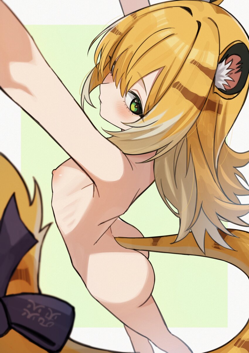 1girl absurdres animal animal_ear_fluff animal_ears arms_up ass blonde_hair blush bow completely_nude feet_out_of_frame flat_chest from_above green_background green_eyes hair_between_eyes highres ju_fufu loli long_hair looking_at_viewer multicolored_hair nipples nude outstretched_arms ribs senapops simple_background solo standing streaked_hair tail tail_ornament tiger_ears tiger_girl tiger_tail white_hair zenless_zone_zero