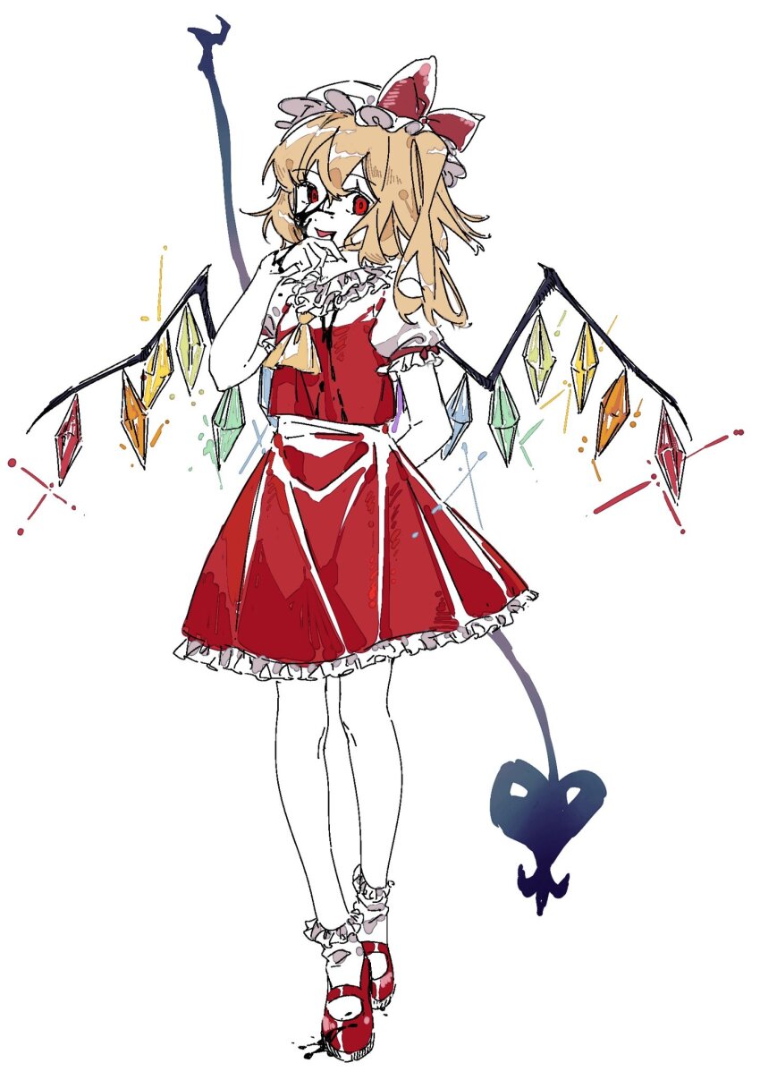 1girl arm_behind_back ascot black_blood blonde_hair blood blood_on_clothes blood_on_face blood_on_hands blood_on_shoes bow commentary_request crystal crystal_wings flandre_scarlet frilled_shirt_collar frilled_skirt frilled_sleeves frilled_socks frills full_body glint hat hat_bow highres laevatein_(touhou) looking_at_viewer mary_janes mob_cap multicolored_wings one_side_up open_mouth puffy_short_sleeves puffy_sleeves red_bow red_eyes red_ribbon red_shoes red_skirt red_vest ribbon shiorondo shirt shoes short_sleeves side_ponytail simple_background skirt skirt_set smile socks solo touhou vest white_background white_hat white_shirt white_socks wings yellow_ascot