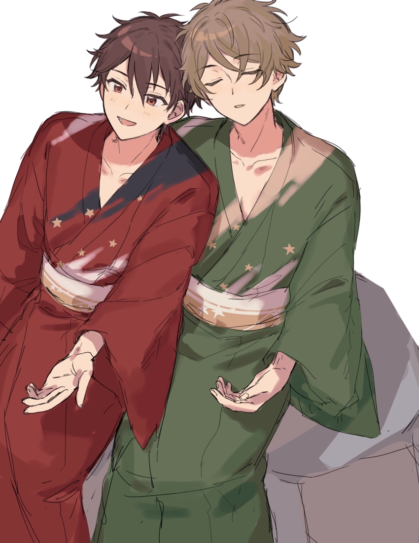 2boys absurdres brown_hair chinese_commentary closed_eyes collarbone commentary_request ensemble_stars! fingernails fua1heyvot4ifsr highres japanese_clothes kimono long_sleeves male_focus mixed-language_commentary morisawa_chiaki multiple_boys open_hand parted_lips partial_commentary red_eyes rock short_hair simple_background sitting smile star_(symbol) star_print takamine_midori white_background yaoi